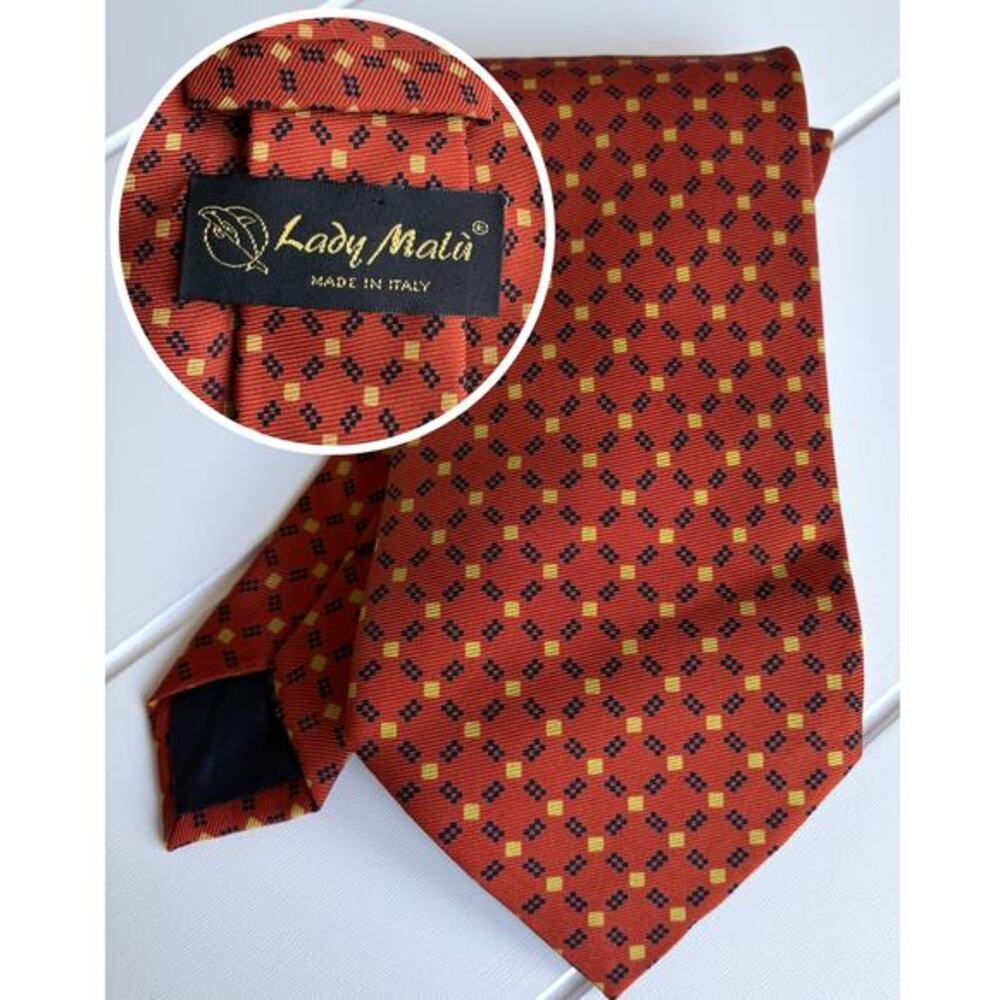 Lady Malu 100%‎ Silk Neck Tie Made in Italy Orange Navy Yellow Geometric Classic